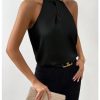 41bAqGm3KjL.jpg Womens Elegant Twist Front Halter Sleeveless Satin Blouse Keyhole Back Tank Top