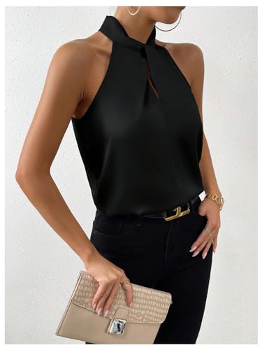 41bAqGm3KjL.jpg Womens Elegant Twist Front Halter Sleeveless Satin Blouse Keyhole Back Tank Top