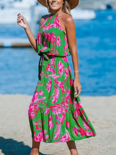 Women's Midi Dress Halter Floral Sleeveless Belted Ruffled A Line Casual Summer Dress