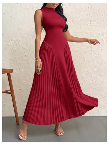 Women's Maxi Dress Sleeveless Pleated A Line Mock Neck Flowy Long Dresses