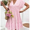 Women's Summer V Neck Short Smocked Dress Striped Bow Print Ruffle Flowy Vacation Dresses