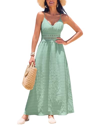 Women Backless Maxi Beach Summer Dress V Neck Lace Cutout Back Tie Spaghetti Strap Casual Wedding Guest Dresses