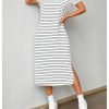 Women's Striped T Shirt Dress Crewneck Short Sleeve Split Hem Summer Midi Dresses