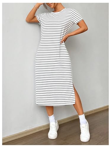 Women's Striped T Shirt Dress Crewneck Short Sleeve Split Hem Summer Midi Dresses