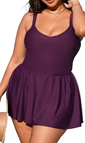 41d3g2wU2AL.jpg Plus Size Swimsuit for Women One Piece Bathing Suit Scoop Neck Ruffled Swim Dress Adjustable Straps