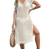 41d7Q5ty0-L.jpg Women's Crochet Swim Suit Coverup Cap Sleeve Knit Loose Beach Cover Ups Side Split Midi Dress