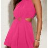 Women's Cut Out Sleeveless Romper Crew Neck Ruched Wide Leg Shorts Jumpsuit