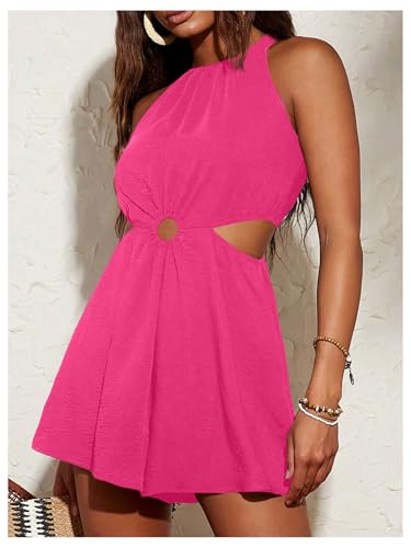 Women's Cut Out Sleeveless Romper Crew Neck Ruched Wide Leg Shorts Jumpsuit
