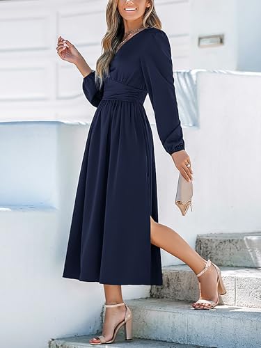 41dFIK-4mL.jpg Fall Dresses for Women V Neck Long Sleeve Tunic Waist Slit Solid Color A Line Midi Casual Dress