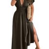 Women's Plus Size Deep V Neck Maxi Dress Short Sleeve Split Hem Flowy Summer Dresses