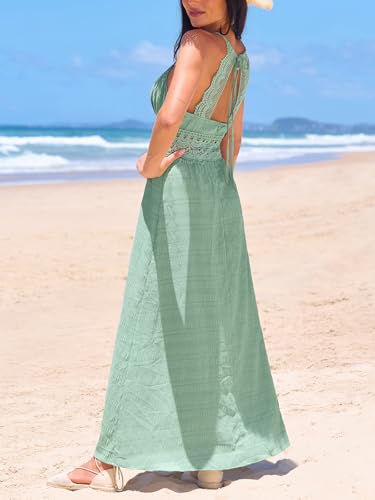 Women Backless Maxi Beach Summer Dress V Neck Lace Cutout Back Tie Spaghetti Strap Casual Wedding Guest Dresses