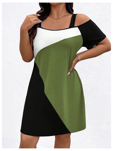 41eBBhrOpNL.jpg Women's Plus Size Dress Cold Shoulder Color Block Short Sleeve T Shirt Dress Casual Summer Dresses