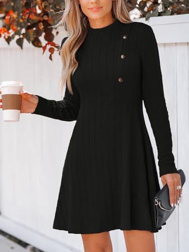 41eBOCjs2L.jpg Women's Mini Dresses Round Neck Long Sleeve Textured Button Knit A Line Short Casual Fall Dresses