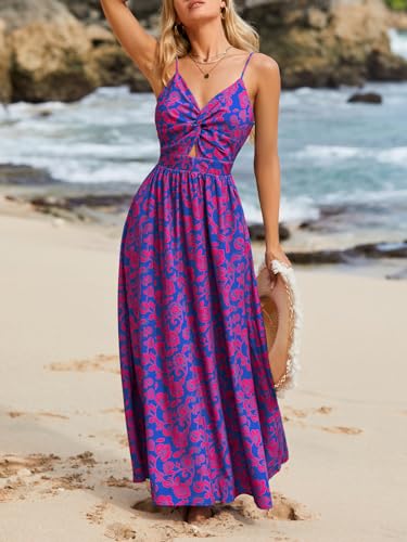 Women's Maxi Dress Floral Print Twisted V Neck Sleeveless Long Dress Summer Casual Dress