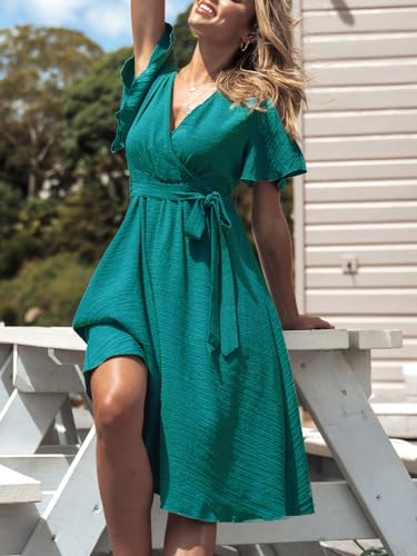 41euasLst3L.jpg Women's Dresses for Summer V Neck Solid Belt Short Sleeve Knee Length Beach Dress
