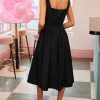 Women's Summer Sleeveless Midi Dress Square Neck Smocked Casual A Line Beach Sundress