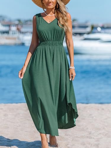 Women's Summer Casual Maxi Dress V Neck Sleeveless Elastic Waist Flowy Long Dress