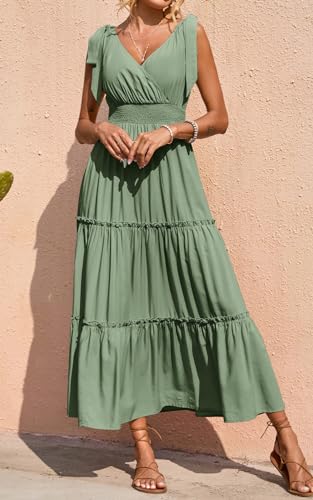 Women's Cross Neck Summer Sleeveless Tiered Maxi Dress Beach Tie Strap Smocked Long Dresses Pleated Sundress