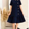 Girl's Ruffle A Line Midi Dress Button Crew Neck Short Sleeve Dresses