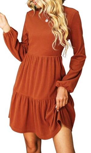 Women's Mini Fall Dresses Knit Casual Long Sleeve Crew Neck Flowy Tiered Ruffled Short Sweater Dress