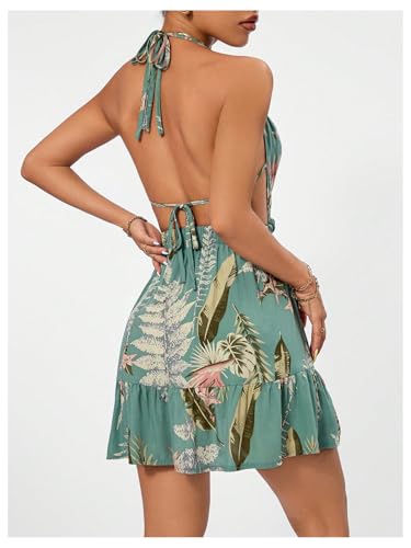 41g8Q7B5ufL.jpg Women's Deep V Neck Ruffle Halter Dress Sleeveless A Line Boho Summer Dresses