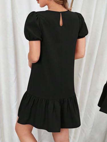 Women's Short Puff Sleeve Ruffle Hem Mini Dress Casual Round Neck Solid Smock Dress
