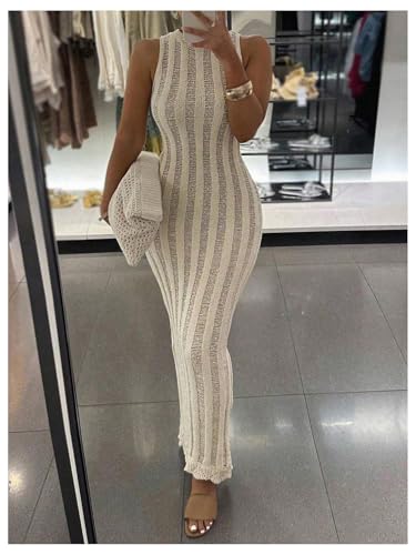 Women's Summer Sleeveless Bodycon Maxi Dress Sheer Knit Beach Vacation Long Dresses