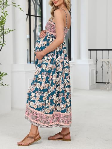 Maternity Maxi Dresses Floral Square Neck Smocked Baby Shower Ruffled Flowy Fashion Casual Summer Pregnancy Dress