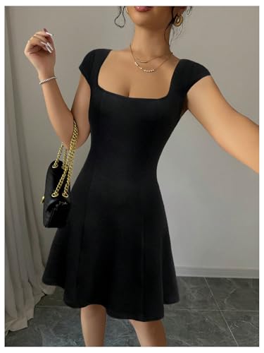41gVq0acyEL.jpg Women's Summer Dress Square Neck Cap Sleeve A Line Flared Short Dresses
