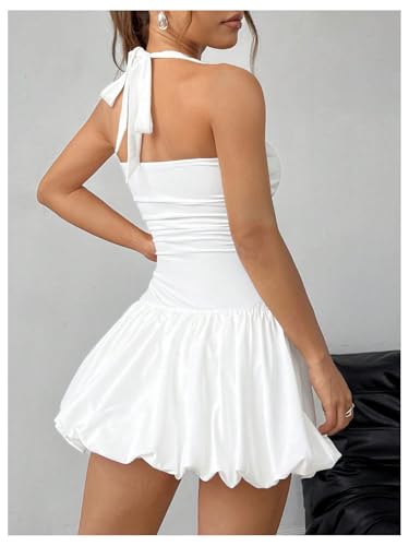 Women's Bubble Mini Dress Y2K Halter Backless Club Party Graduation Short Dresses with Shorts Underneath