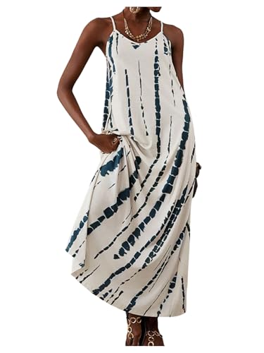 Women's Summer Dress for Women Beach Casual Loose Spaghetti Strap Flowy Maxi Dresses with Pockets