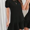 Women's Short Puff Sleeve Ruffle Hem Mini Dress Casual Round Neck Solid Smock Dress