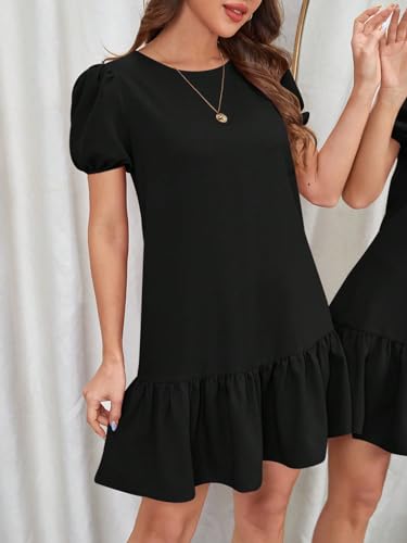 Women's Short Puff Sleeve Ruffle Hem Mini Dress Casual Round Neck Solid Smock Dress