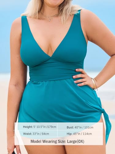 Women Tankini Sets Plus Size Two Piece Swimsuit High Waisted V Neck Mesh Ruched Self Tie Swim Dress