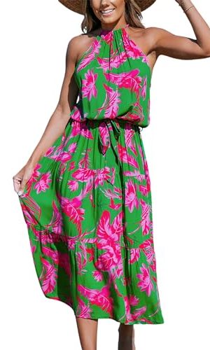 41hV7XI2IL.jpg Women's Midi Dress Halter Floral Sleeveless Belted Ruffled A Line Casual Summer Dress
