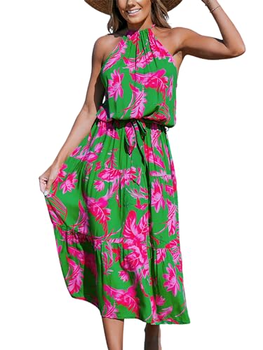 Women's Midi Dress Halter Floral Sleeveless Belted Ruffled A Line Casual Summer Dress