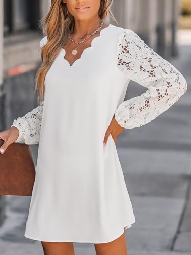 Women's Mini Dress Scalloped V Neck Lace Appliques Long Sleeve Loose Fit A Line Casual Dress