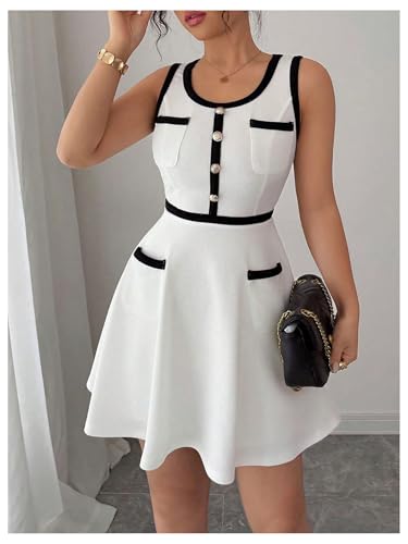 41hiclULWHL.jpg Women's Summer Sleeveless Knitted Mini Dress Button Color Block Party Short Dresses