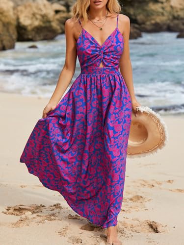 Women's Maxi Dress Floral Print Twisted V Neck Sleeveless Long Dress Summer Casual Dress