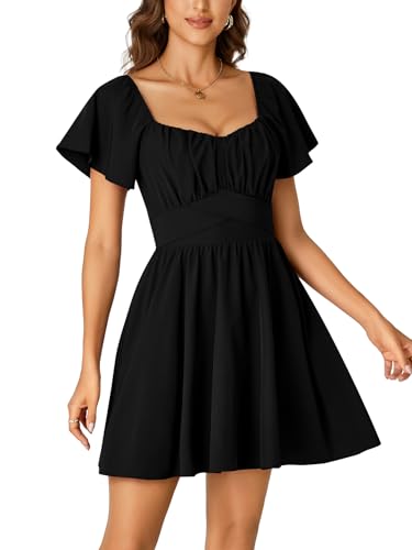 Women's Tie Back Square Neck Wrap Ruffle Short Sleeve Flare Mini Dress
