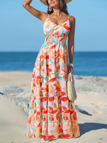 41iCl940nBL.jpg Women's Vacation Summer Dresses Tropical V Neck Elastic Waist Sleeveless Spaghetti Strap Smocked Maxi Dress