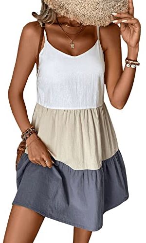 Women's Spaghetti Strap Color Block Cami Dress Causal Summer Tunic Ruffle Hem Short Dresses