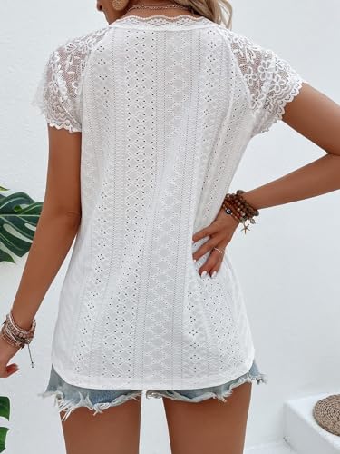 41igGGOPPzL.jpg Women's Floral Lace Short Sleeve Raglan Top Casual V Neck Pullover Plain Tee Shirt