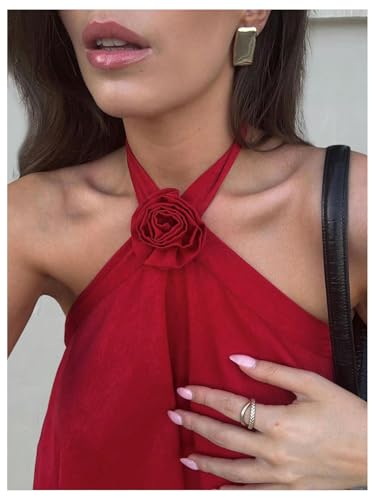 41isB86kzeL.jpg Women's Summer Halter Dress 3D Floral Ruffle Swing Flowy Beach Mini Dresses