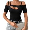 41itWSktrEL.jpg Women's Cut Out Top Cold Shoulder Short Sleeve Fitted Solid T Shirts
