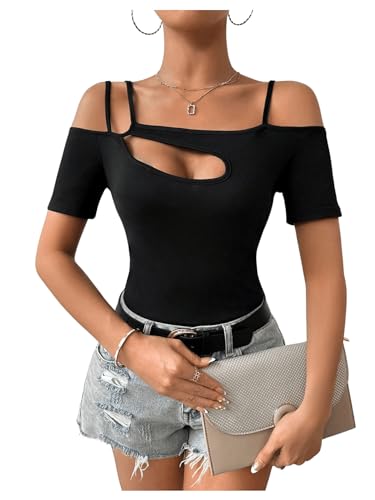 41itWSktrEL.jpg Women's Cut Out Top Cold Shoulder Short Sleeve Fitted Solid T Shirts