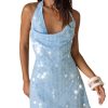 Women's Sequin Sparkly Halter Mini Dress Cowl Neck Draped Backless Sleeveless A Line Party Summer Dresses