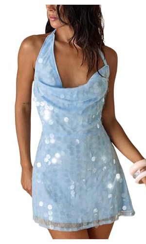 41jN9s6NWTL.jpg Women's Sequin Sparkly Halter Mini Dress Cowl Neck Draped Backless Sleeveless A Line Party Summer Dresses