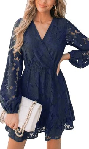 41jWZlJgw0L.jpg Women Elegant V Neck Lace Peasant Sleeve Mini Summer Dress Elastic High Waist A Line Casual Wedding Guest Dress