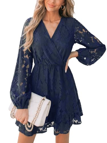 Women Elegant V Neck Lace Peasant Sleeve Mini Summer Dress Elastic High Waist A Line Casual Wedding Guest Dress